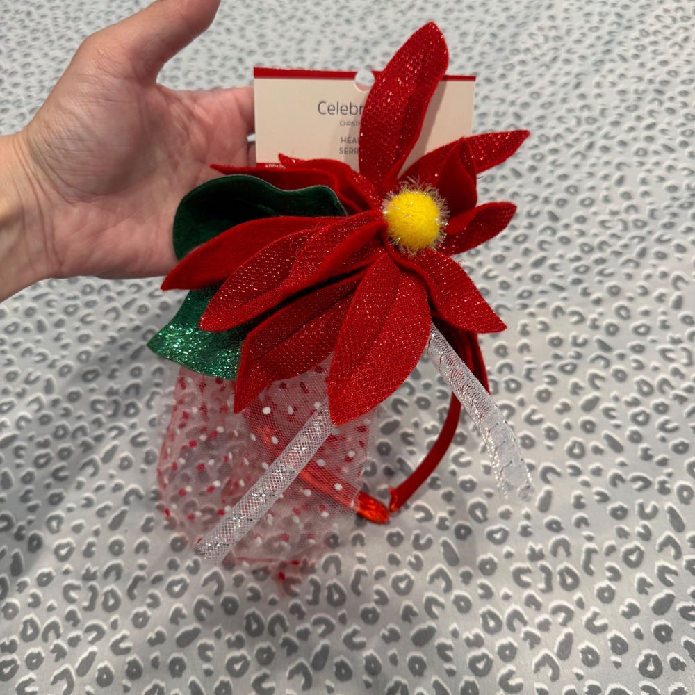 Celebrate It Christmas Poinsettia Headband Red Glitter Flower Polka Dot Veil NWT